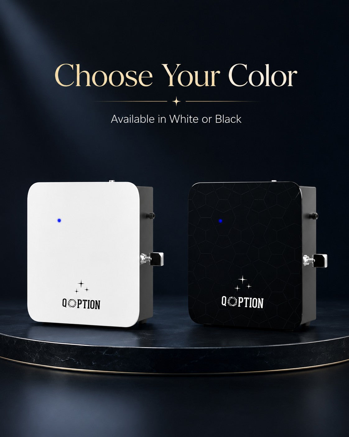 QOption Essence QX300 luxury HVAC scent diffuser machines in white and black, displayed on a circular pedestal.