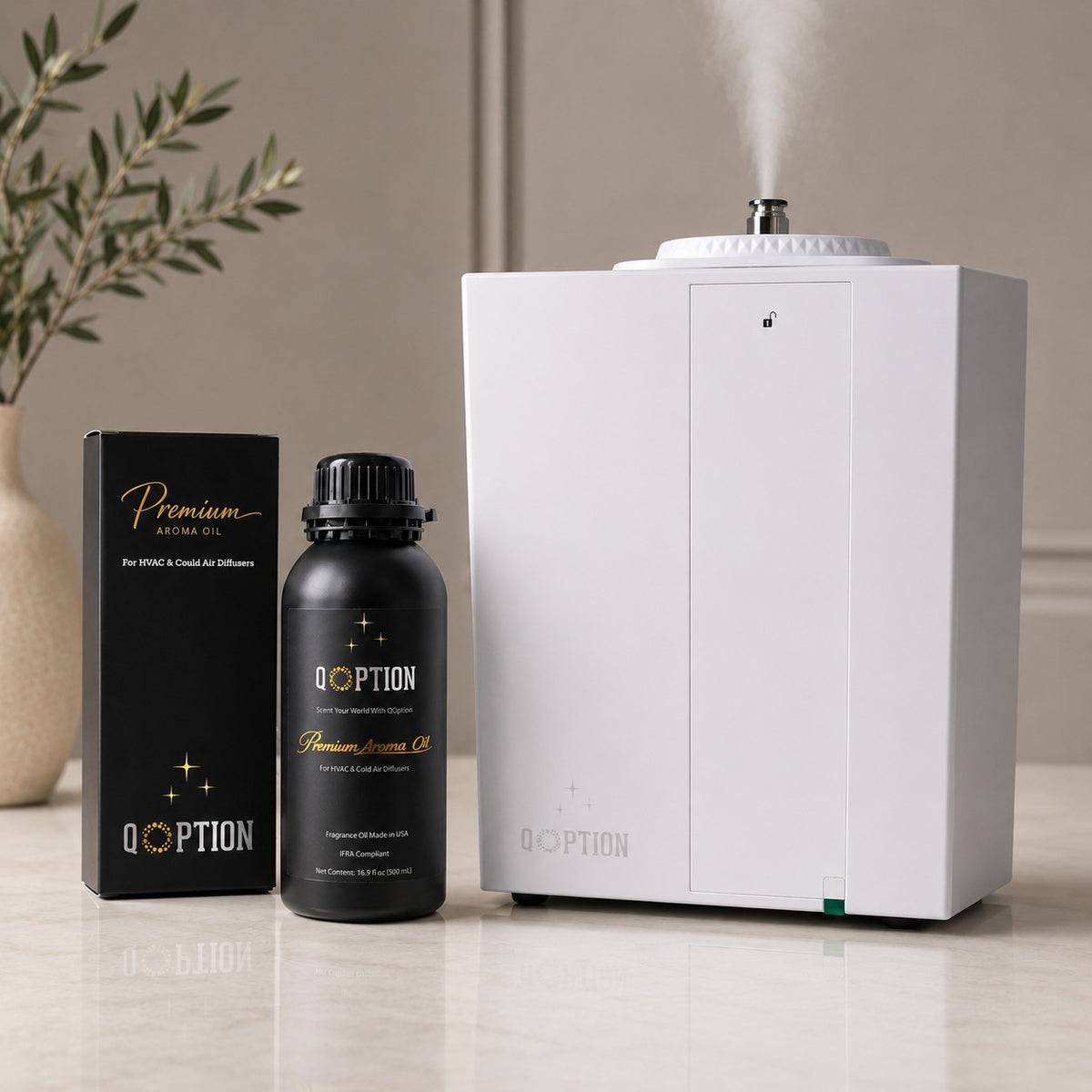 QOption Essence QA1000 Pro Kit with white commercial HVAC scent diffuser and 500 mL bottle of premium aroma oil.