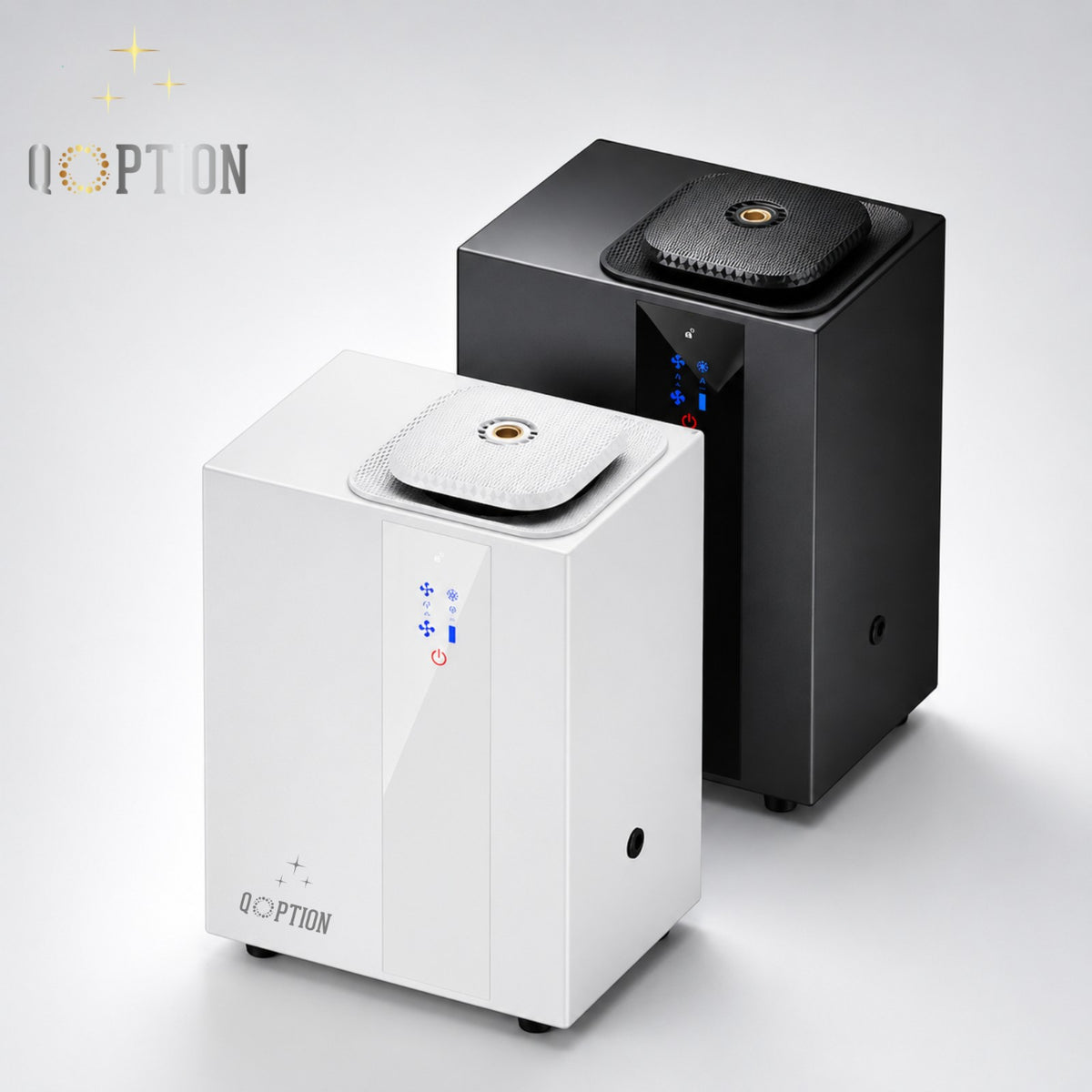QOption Essence QA1000 Pro commercial HVAC scent diffusers in black and white metal finishes with digital controls.