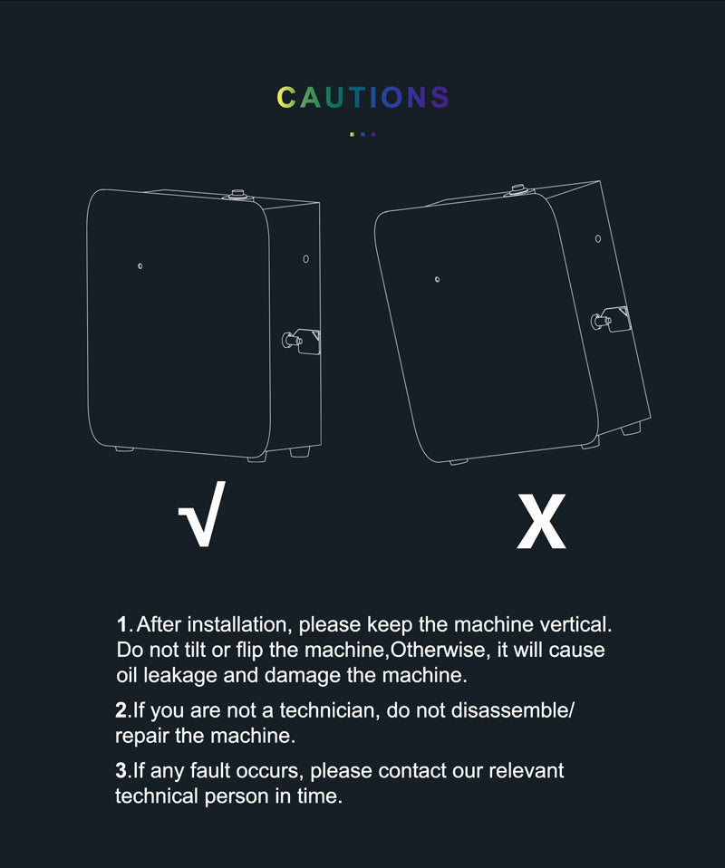 QOption Essence QX300 scent diffuser installation diagram showing correct vertical orientation to prevent oil leakage