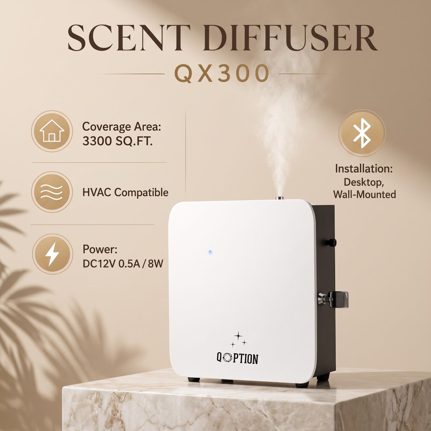 QOption Essence QX300 white and black cold-air HVAC scent diffuser machine emitting a fine mist on a marble pedestal.