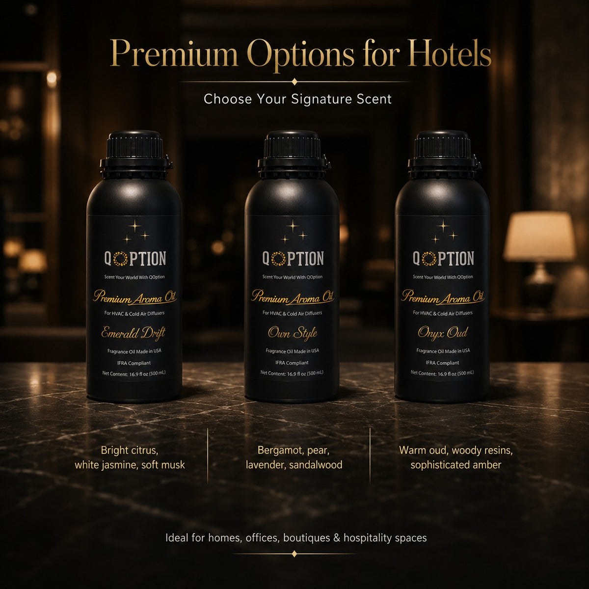 QOption Essence signature aroma oil bottles in Emerald Drift, Own Style, and Onyx Oud scents for HVAC diffusers.