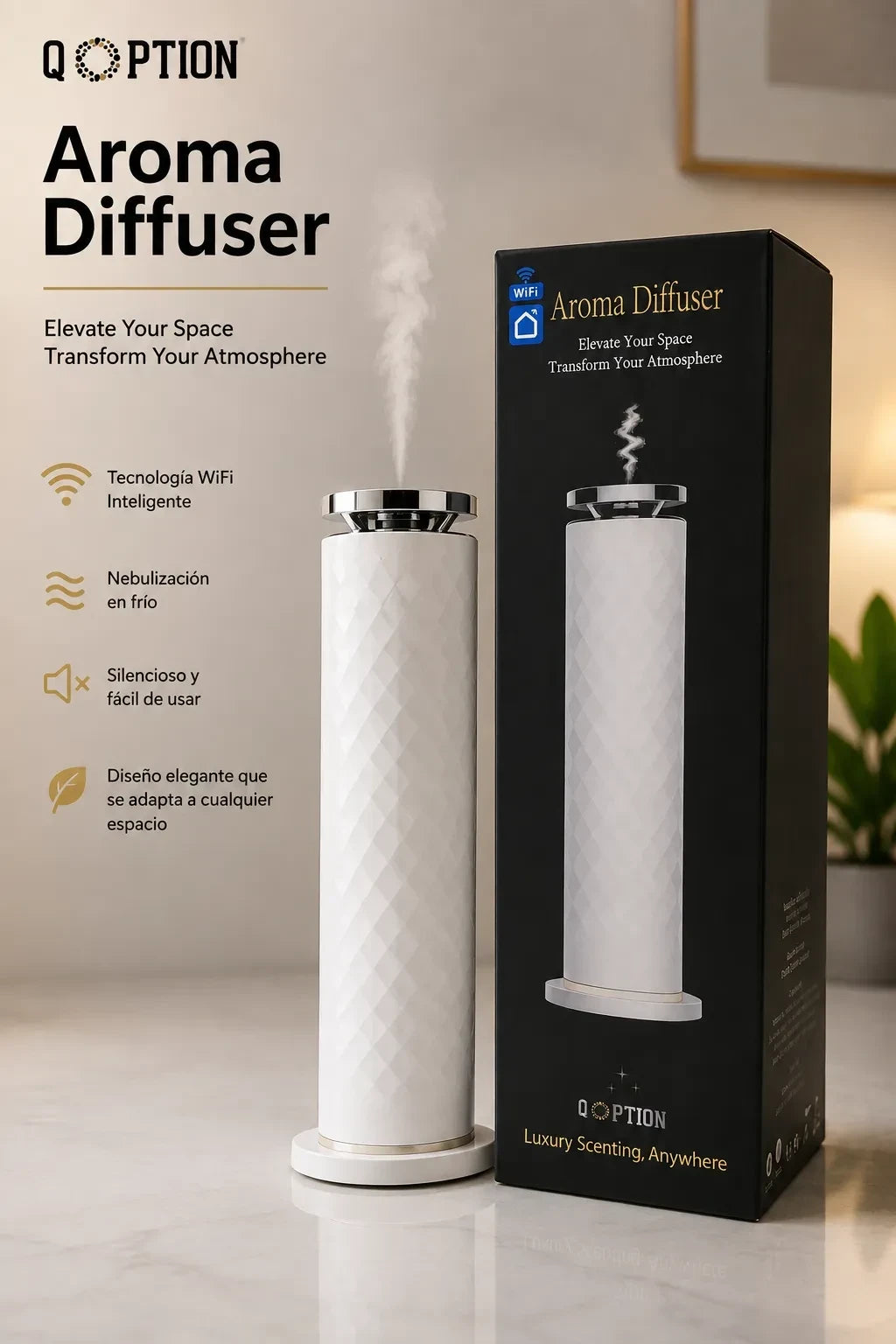 QOption Essence QPD10 white cylindrical cold-air scent diffuser with mist, next to its branded product packaging.
