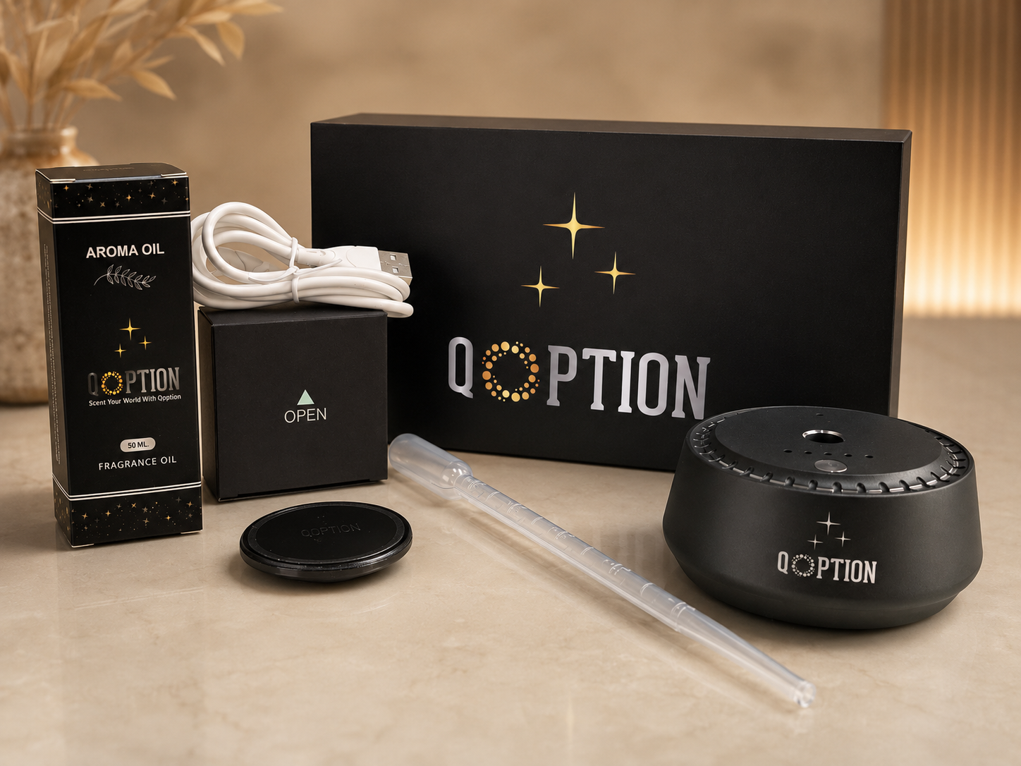 DOPTION product set including diffuser, oil, and packaging on a beige surface.