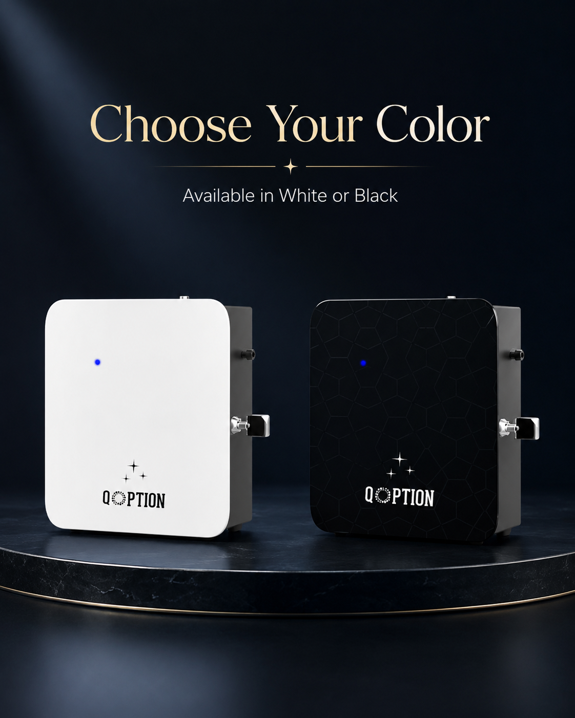 Two Qoption devices, one white and one black, on a dark background with text 'Choose Your Color'.