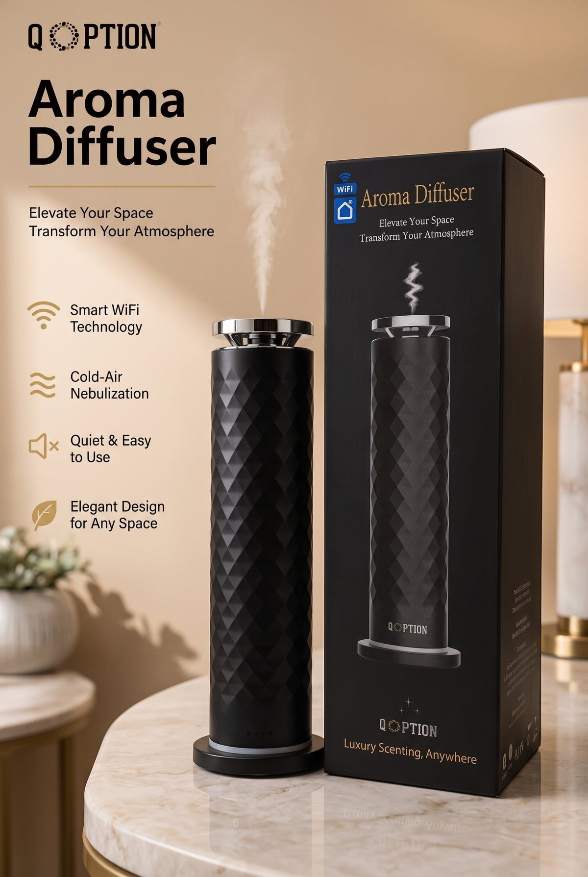 QOption Essence QPD10 black portable cold-air scent diffuser with geometric texture and misting feature on a table.