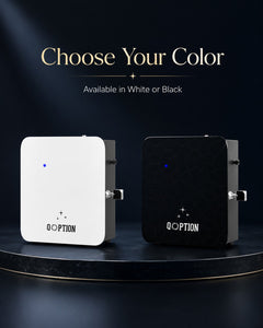 QOption Essence QX300 luxury HVAC scent diffuser machines in white and black, displayed on a circular pedestal.