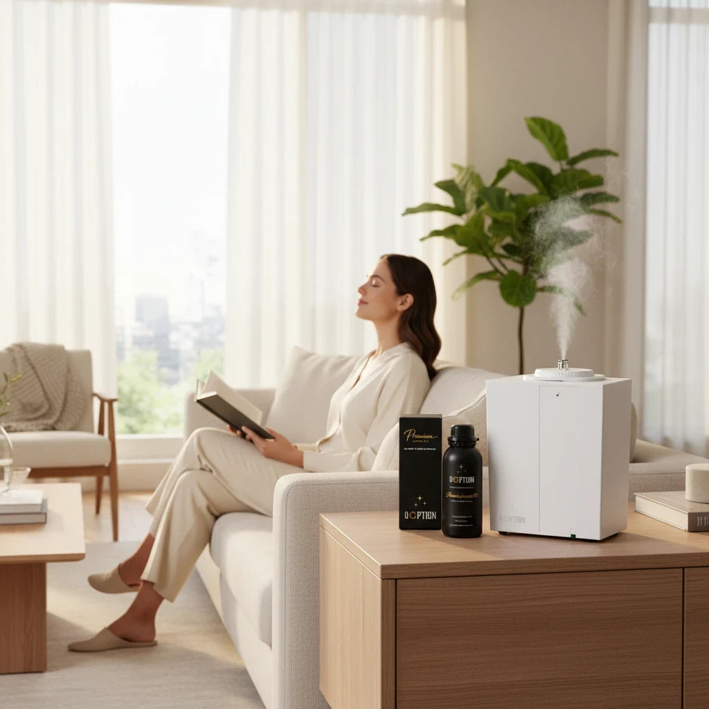 QOption Essence QA1000 Pro Kit white HVAC scent diffuser with fragrance oil bottle in a serene, modern living room.