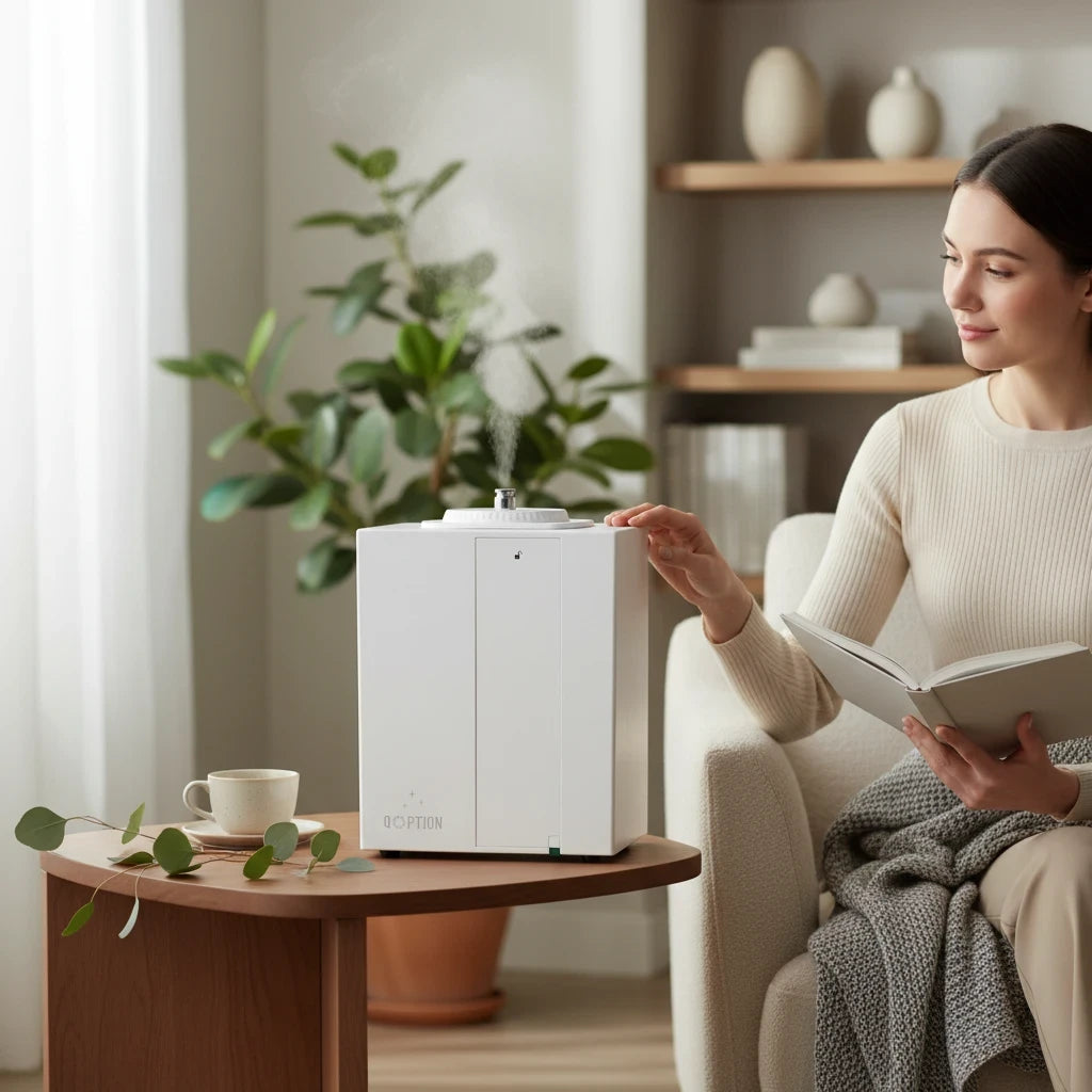 QOption Essence QA1000 Pro Kit white commercial HVAC scent diffuser releasing mist next to a woman reading in a lounge