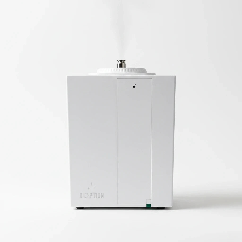 QOption Essence QA1000 Pro commercial HVAC scent diffuser in white metal with a fine mist output on a white background