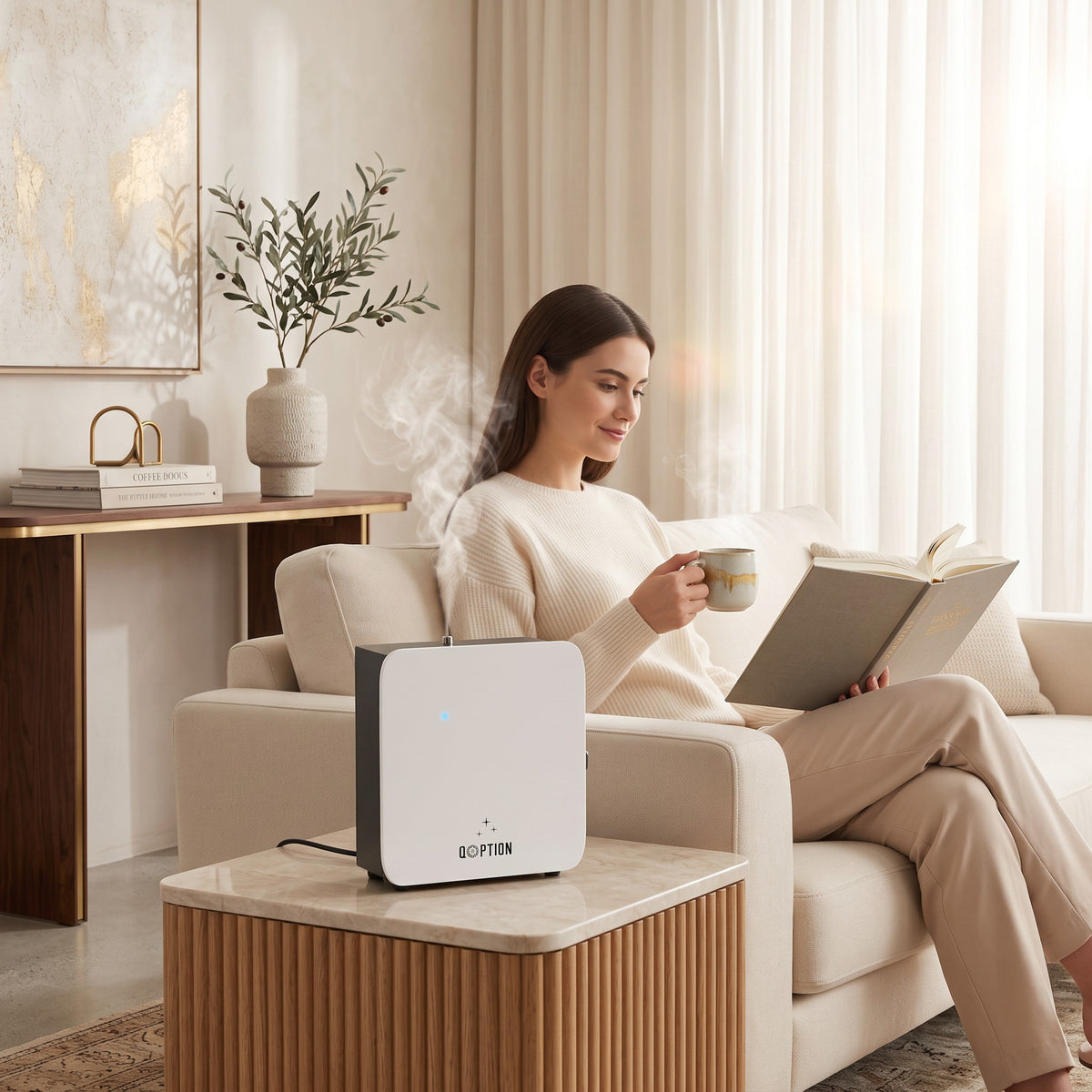 QOption Essence QX300 cold-air scent diffuser on a marble table next to a woman reading in a modern living room