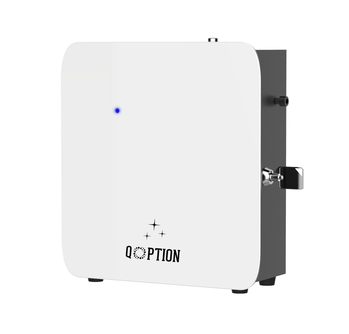 QOption Essence QX300 white cold-air HVAC scent diffuser machine with a blue indicator light and side key lock.
