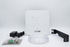 QOption Essence QX300 white cold-air HVAC scent diffuser machine with included ducting hose, power adapter, and mount.