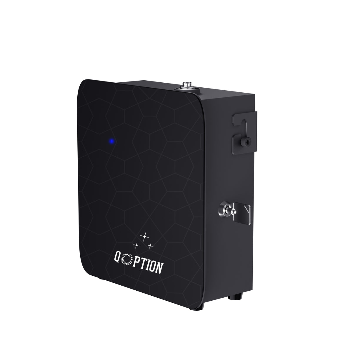 QOption Essence QX300 black cold-air HVAC scent diffuser machine with geometric pattern and blue indicator light