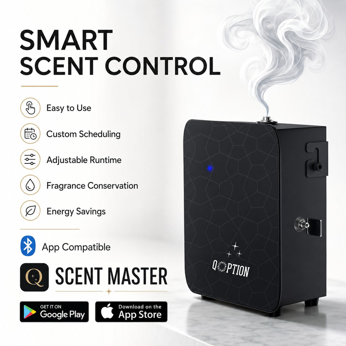 QOption Essence QX300 black cold-air HVAC scent diffuser with smart app control and mist output on a white surface