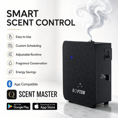 QOption Essence QX300 black cold-air HVAC scent diffuser with smart app control and mist output on a white surface