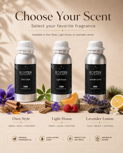 Three fragrance bottles with labels 'Own Style', 'Light House', and 'Lavender Lemon' on a decorative background.